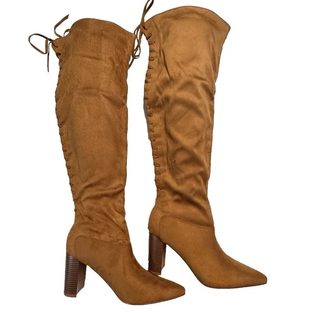 Brown Over-The-Knee Suede Boots Women Size 9.5 Lace-Up Fashion 3.75 In Heels NEW